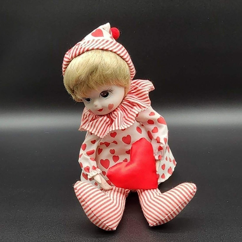 Enesco VTG Musical Clown Doll Red White‎ Heart Stripe Porcelain Wind Up  READ